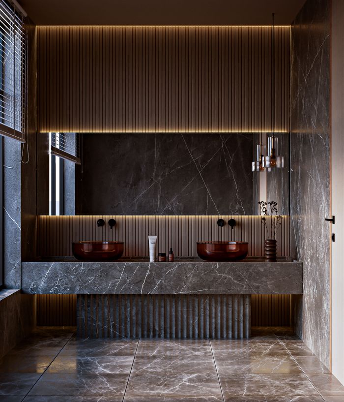 Elegant modern bathroom with marble design, double sink, and ambient warm lighting.
